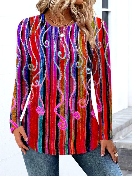 

Casual Color Block Crew Neck Long Sleeve T-shirt, Red, T-shirts