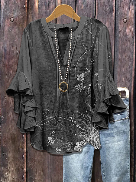

V Neck Half Sleeve Floral Printing Regular Loose Shirt For Women, Black, Blouses