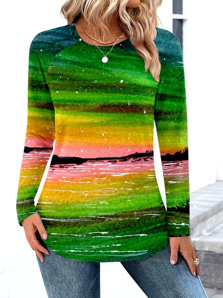 

Casual Color Block Crew Neck Long Sleeve T-shirt, Green, T-shirts
