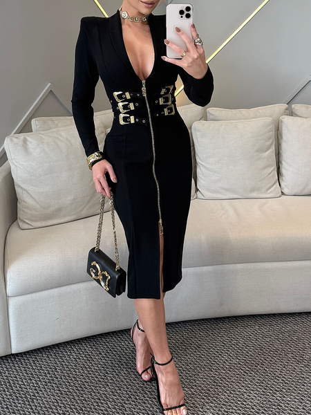 

Medium Elasticity Elegant Plain Midi Dress, Black, Midi Dresses