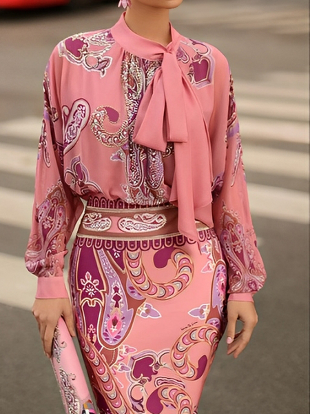 

Elegant Paisley Printing Stand Collar Blouse, Pink, Blouses and Shirts