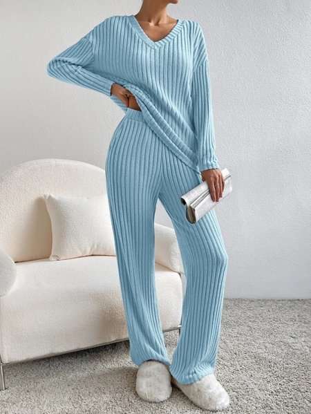 

Women Plain Embossed Two-Piece Set Daily Long Sleeve Casual Spring/Fall Top With Pants Matching Set, Blue, Suit Set