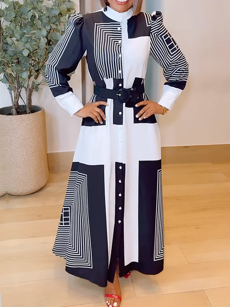 

Urban Geometric Printing Stand Collar Dress With Belt, As picture, Maxi Dresses