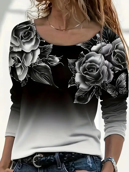 

Women Floral Long Sleeve Tee T-shirt Crew Neck Printing Casual Spring/Fall Graphic Tee Top, Black, T-Shirts
