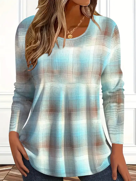 

Women Abstract Plaid Long Sleeve Tee T-shirt Crew Neck Printing Casual Spring/Fall Graphic Tee Top, Blue, T-Shirts