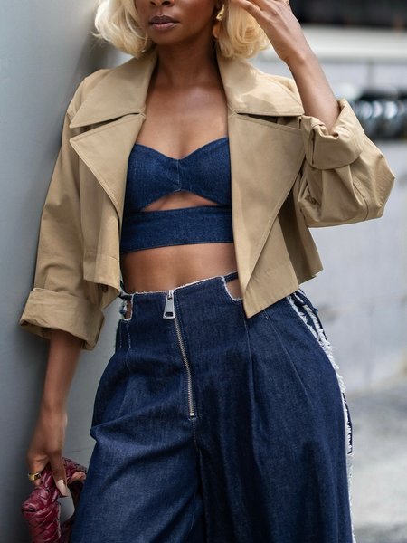 

Urban Plain Lapel Collar Trench Coat, Khaki, Trench Coats