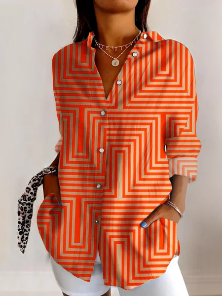 

V Neck Long Sleeve Geometric Regular Micro-Elasticity Regular Fit Shirt For Women, Orange, Shirts