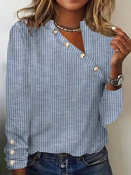 

Urban Striped Buttoned Asymmetrical Blouse, Blue, Long Sleeves