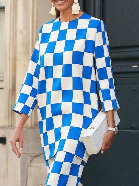 

Urban Plaid Printing Crew Neck Blouse, Blue, Blouses and Shirts