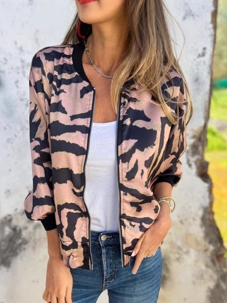 

Women Spring/Fall Outerwear Vintage Printing Leopard Long Sleeve Stand Collar Jacket, Pink, Jackets
