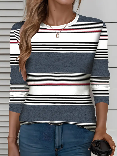 

Casual Striped Crew Neck Long Sleeve T-shirt, As picture, T-shirts