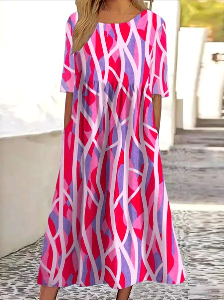

Women Striped Summer Dress Crew Neck Short Sleeve A-Line Dress, Red, Maxi