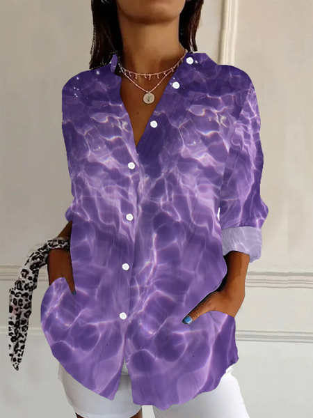 

Shirt Collar Regular Sleeve Long Sleeve Abstract Buckle Regular Loose Button Up Shirt Shirt For Women, Purple, Shirts