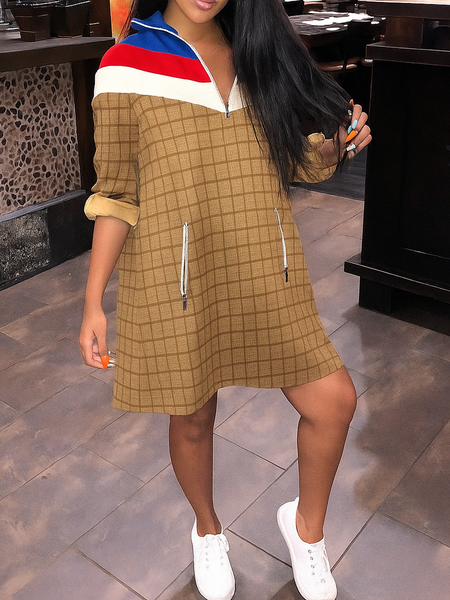 

Casual Color Block Shirt Collar Mini Dress, As picture, Mini Dresses