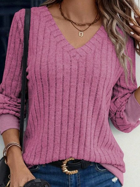 

Vintage Plain V Neck Long Sleeve T-shirt, Pink, T-shirts