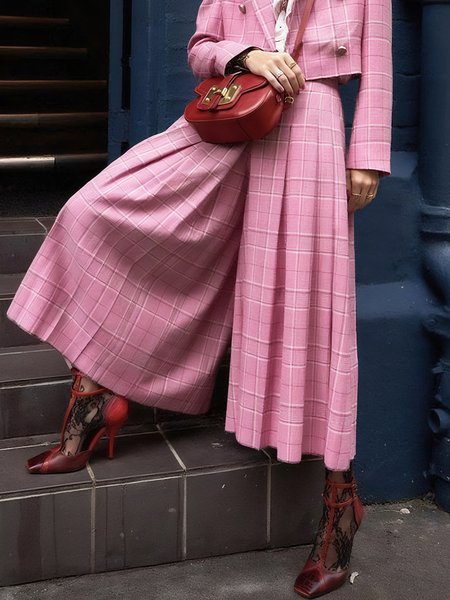 

Urban Plaid Printing Wide Leg Fashion Pants, Pink, Pants