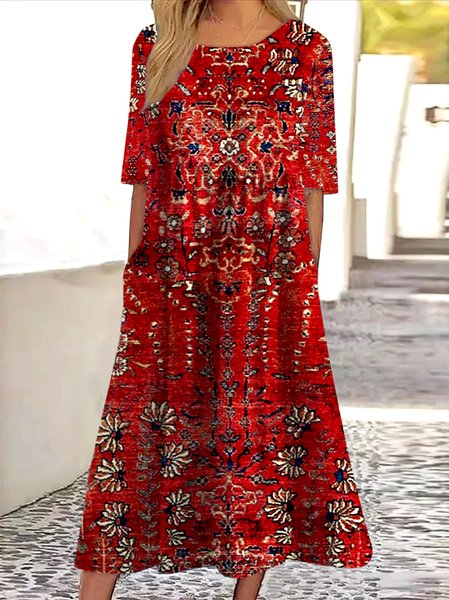 

Women Striped Summer Dress Crew Neck Short Sleeve A-Line Dress, Crimson, Maxi