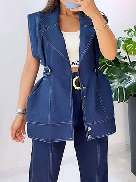 

Casual Plain Lapel Collar Denim Vest, Denim blue, Jackets