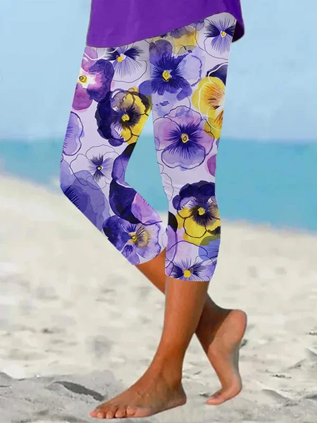 

Women Floral Capris Elastic Waist Pants Casual Summer Trousers, Purple, Leggings
