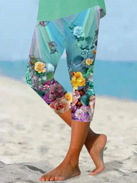 

Women Floral Capris Elastic Waist Pants Casual Summer Trousers, Green, Leggings