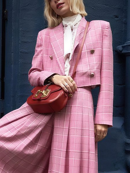 

Urban Shoulder Pad Plaid Lapel Collar Blazer, Pink, Blazers