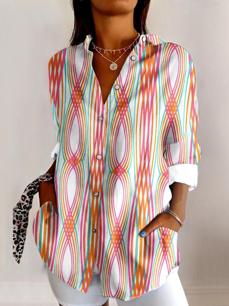 

V Neck Long Sleeve Geometric Regular Micro-Elasticity Regular Fit Shirt For Women, Orange, Shirts