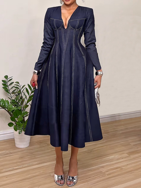 

Elegant Plain Denim Maxi Dress, Denim blue, Maxi Dresses