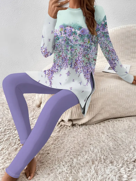 

Women Floral Printing Two-Piece Set Daily Long Sleeve Casual Spring/Fall Top With Pants Matching Set, Purple, Suit Set