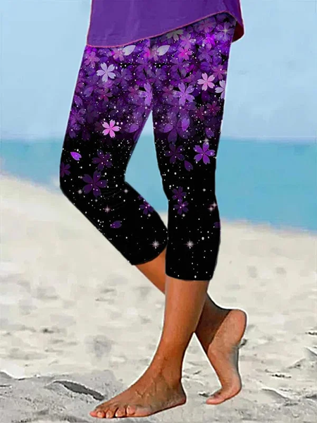 

Women Floral Capris Elastic Waist Pants Casual Summer Trousers, Black-purple, Leggings