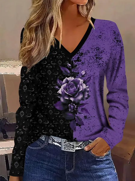 

Women Floral Long Sleeve Tee T-shirt V Neck Printing Casual Spring/Fall Graphic Tee Top, Black-purple, T-Shirts