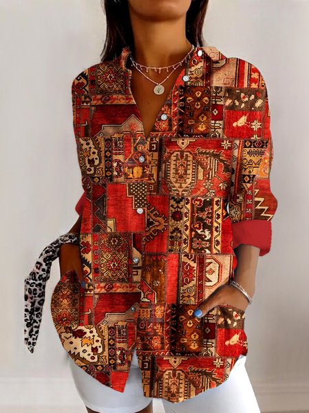 

V Neck Long Sleeve Geometric Regular Micro-Elasticity Regular Fit Shirt For Women, Red, Shirts