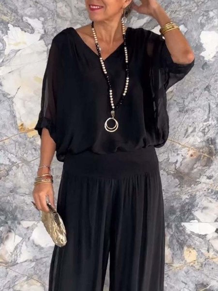 

Women's Split Joint Plain Daily Going Out Two-Piece Set White Casual Summer Top With Pants Matching Set, Black, Suits