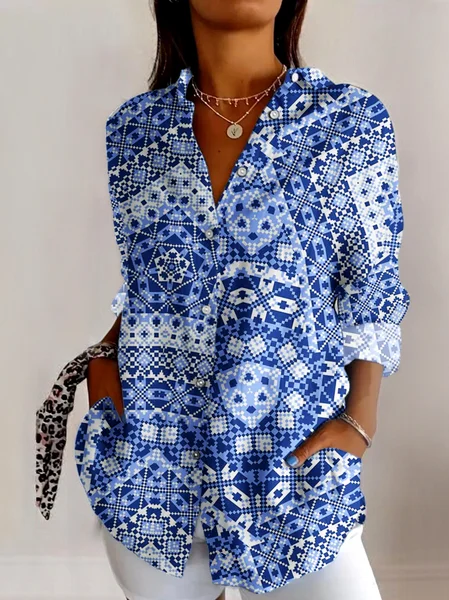

V Neck Long Sleeve Geometric Regular Micro-Elasticity Regular Fit Shirt For Women, Blue, Shirts