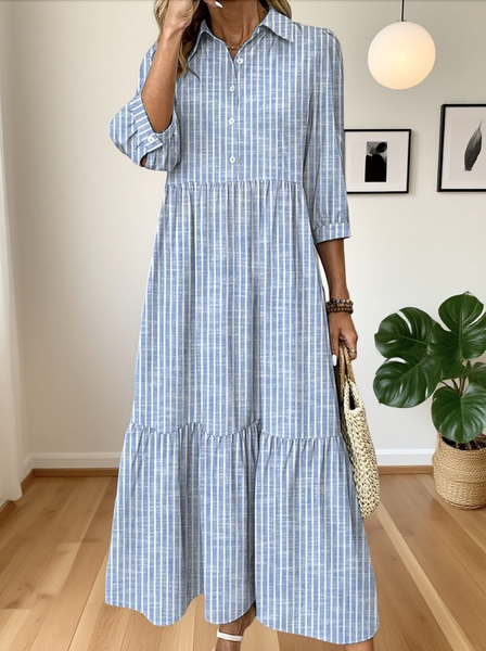 

Women Striped Spring/Fall Dress Shirt Collar Long Sleeve A-Line Dress, Light blue, Dresses