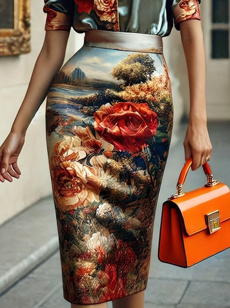 

Urban Printing Floral Midi Skirt, As picture, Skirts