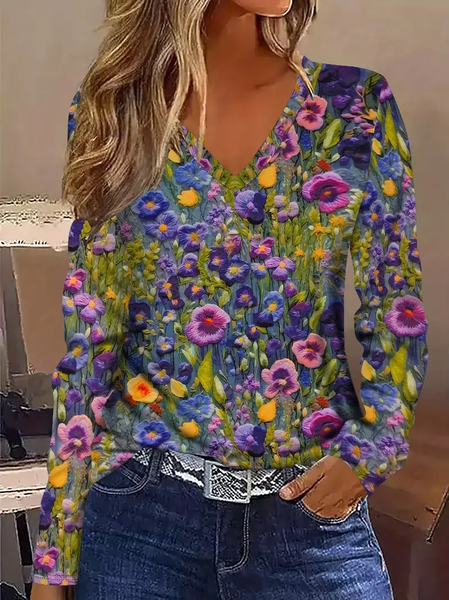 

Women Floral Long Sleeve Tee T-shirt V Neck Printing Casual Spring/Fall Graphic Tee Top, As picture, T-Shirts