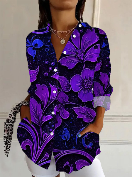 

Women Floral Long Sleeve Shirt Spring/Fall Buckle Shirt Collar Regular Sleeve Daily Casual Top, Purple, Shirts