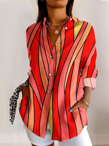 

V Neck Long Sleeve Geometric Regular Micro-Elasticity Regular Fit Shirt For Women, Orange, Shirts