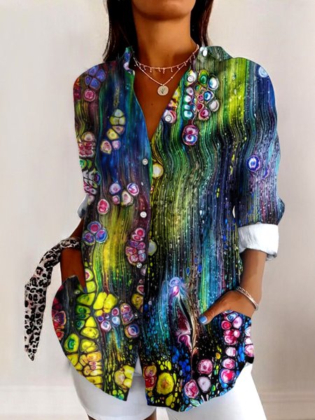 

V Neck Long Sleeve Geometric Regular Micro-Elasticity Regular Fit Shirt For Women, Blue, Shirts