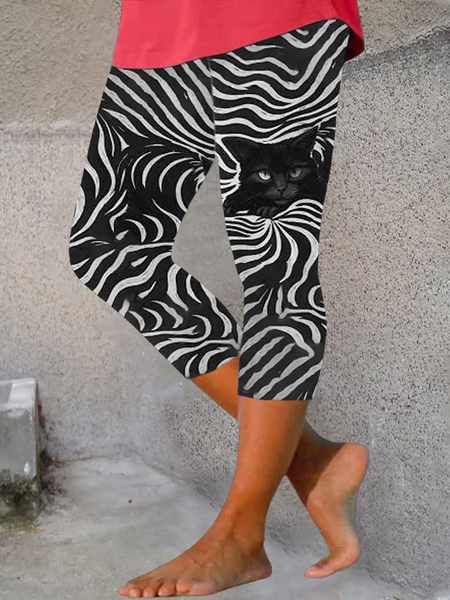 

Women Cat Capris Elastic Waist Pants Casual Summer Trousers, Black, Leggings