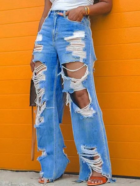 

Ripped Plain Casual Loose Jeans, Blue, Jeans