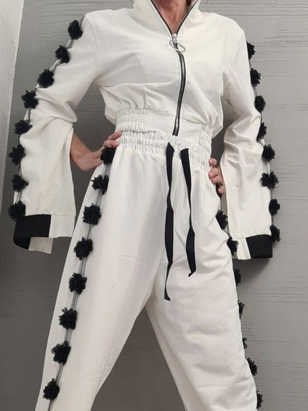 

Urban Split Sleeves 3D Flower Color Block Stand Collar Jacket, White, Jackets