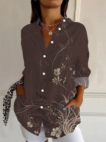 

Women Floral Long Sleeve Shirt Spring/Fall Buckle Shirt Collar Regular Sleeve Daily Casual Top, Brown, Shirts