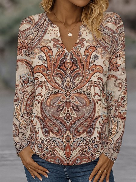 

Casual Floral V Neck Long Sleeve T-shirt, Color4, T-shirts