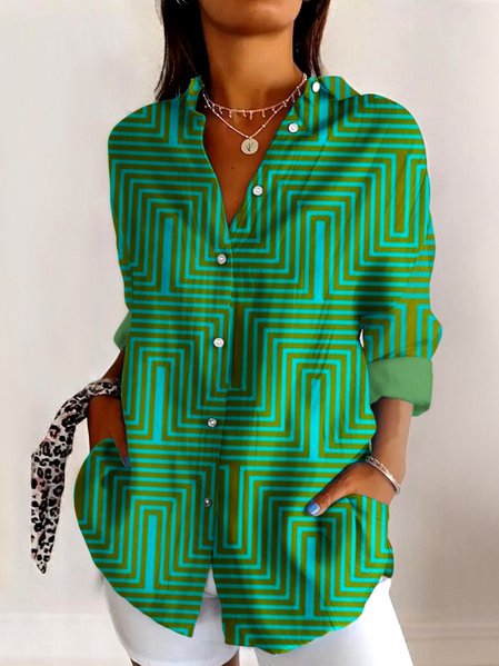 

V Neck Long Sleeve Geometric Regular Micro-Elasticity Regular Fit Shirt For Women, Green, Shirts