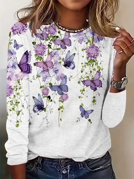 

Casual Floral Crew Neck Long Sleeve T-shirt, Color1, T-shirts