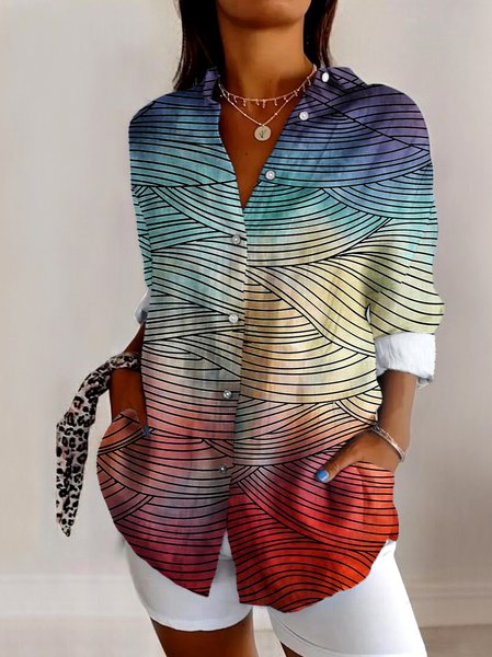 

V Neck Long Sleeve Geometric Regular Micro-Elasticity Regular Fit Shirt For Women, Blue, Shirts