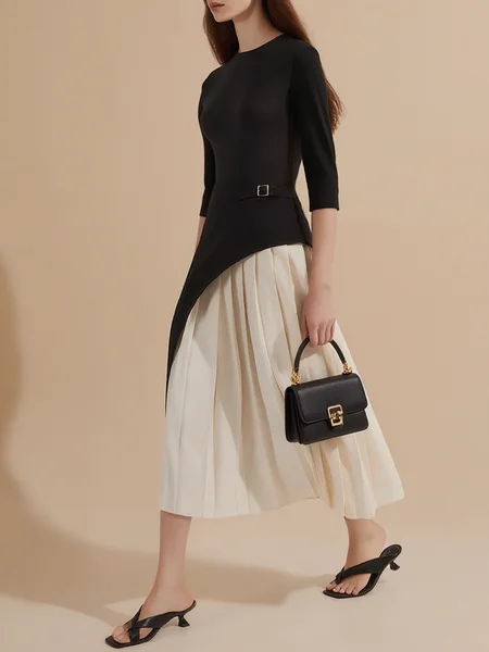Elegant Color Block Pleated Split Joint Crew Neck Midi Dress