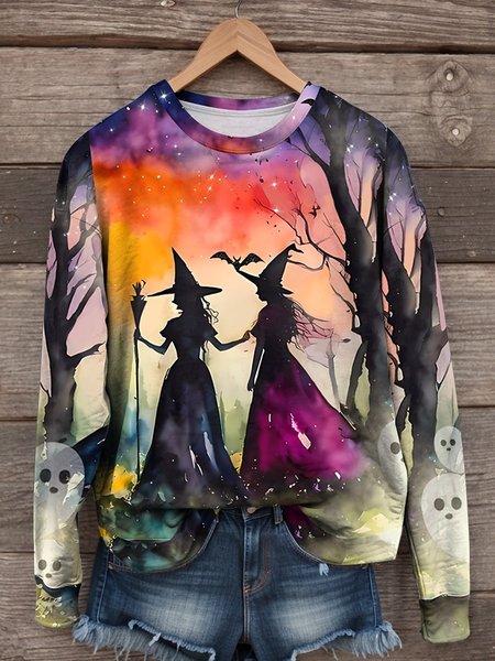 

Halloween Witch Art Pattern Casual Crew Neck Sweatshirt, Color2, Hoodies & Sweatshirts