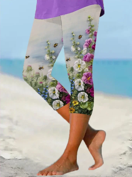 

Women Floral Capris Elastic Waist Pants Casual Summer Trousers, As picture, Leggings